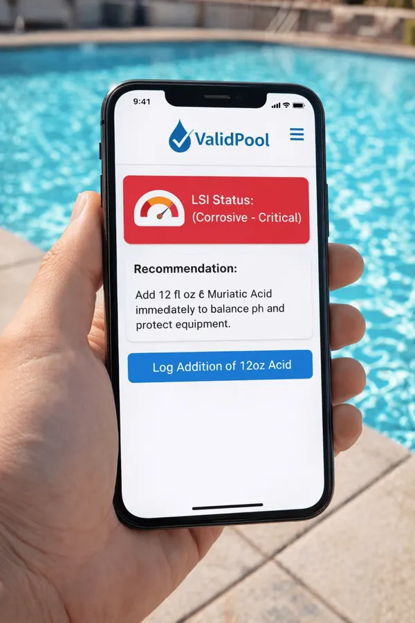 ValidPool app interface showing an LSI alert and acid dosage recommendation.